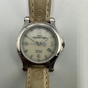 Timex Expedition Watch Women Silver Tone Beige Leather Band Indiglo New Battery
